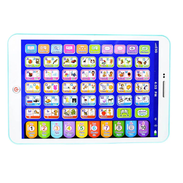 A tablet screen displaying colorful educational games and learning activities for children.