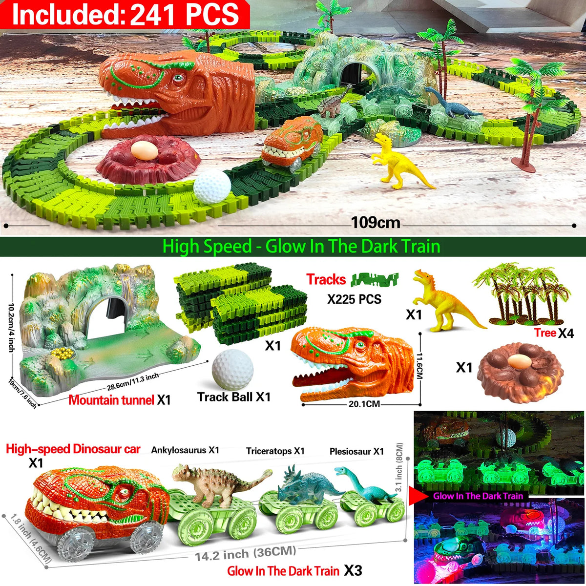 Dinosaur Train Toy Set with Flexible Road Race Track and Dino Car