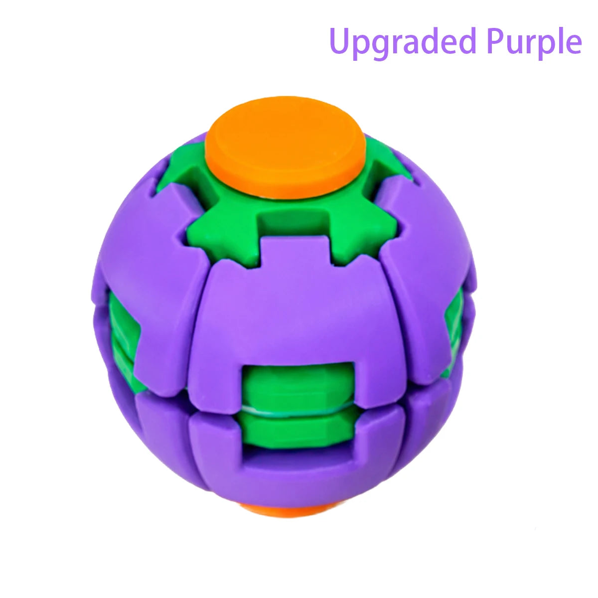 A purple, burger-shaped stress relief toy with an orange top spinner.