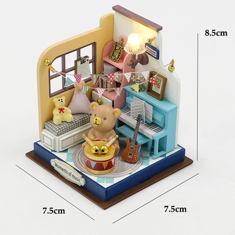 A wooden dollhouse featuring furniture, accessories, and LED lighting components.