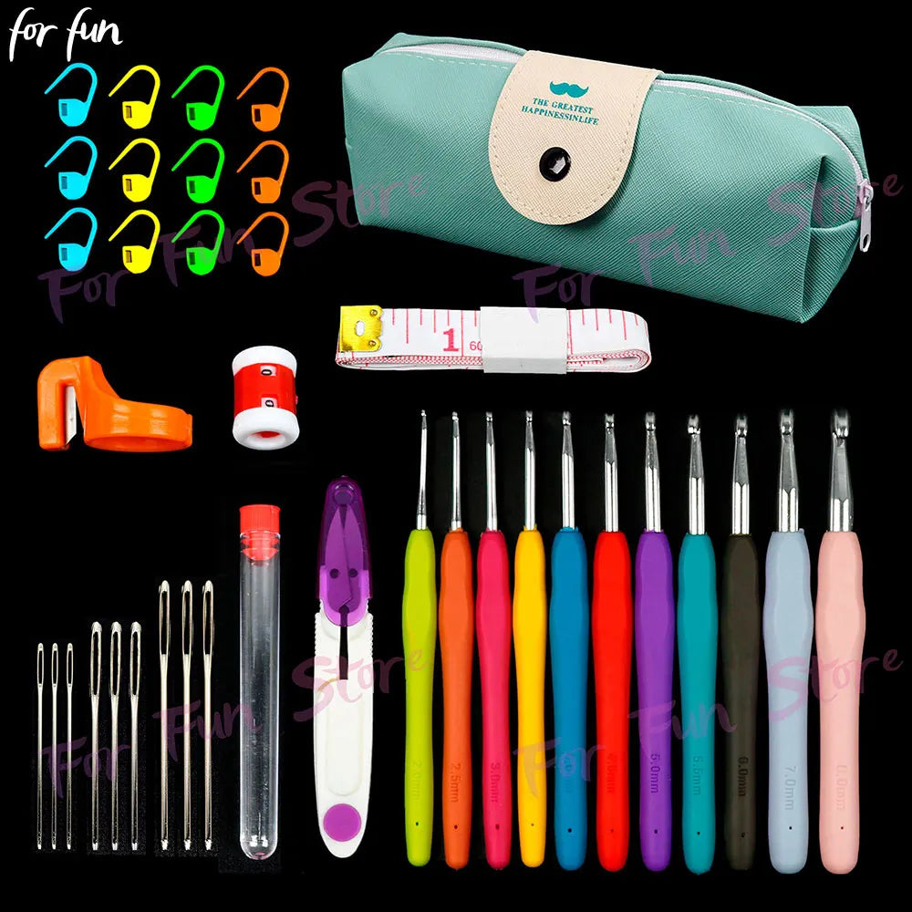A collection of crochet hooks and knitting needles displayed next to a green storage bag.