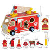 A red wooden toy vehicle playset with various tools and building pieces.