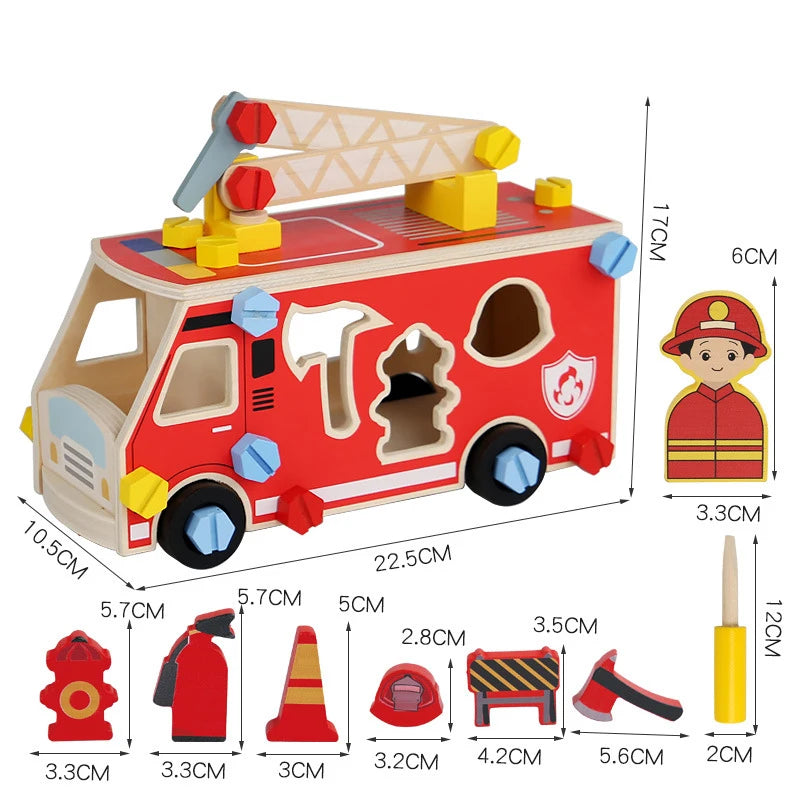A red wooden toy vehicle playset with various tools and building pieces.