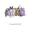 A set of spooky Halloween iron-on patches spelling 'SPOOKY' featuring black and white checkered and purple designs.