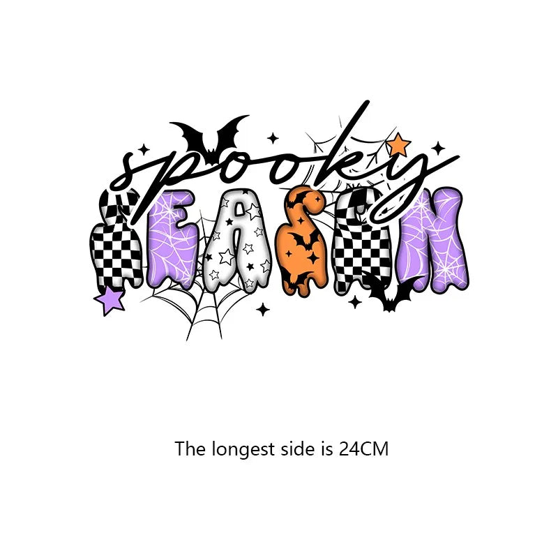 A set of spooky Halloween iron-on patches spelling 'SPOOKY' featuring black and white checkered and purple designs.