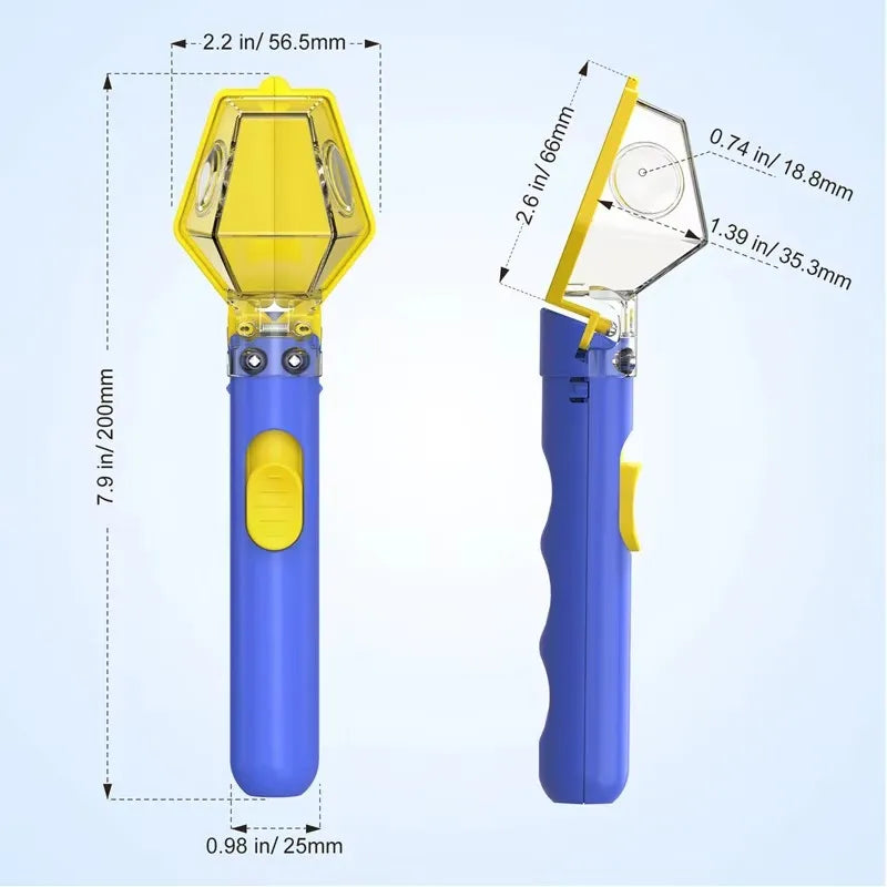 A blue handheld insect catcher with a yellow magnifying lens and a clear plastic body.
