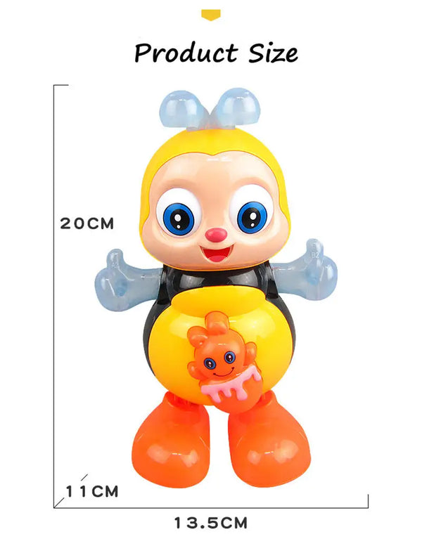 A yellow and blue interactive dancing bee musical toy with large eyes and orange feet.