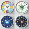 Four images of colorful analog teaching clocks showing different time displays and designs.