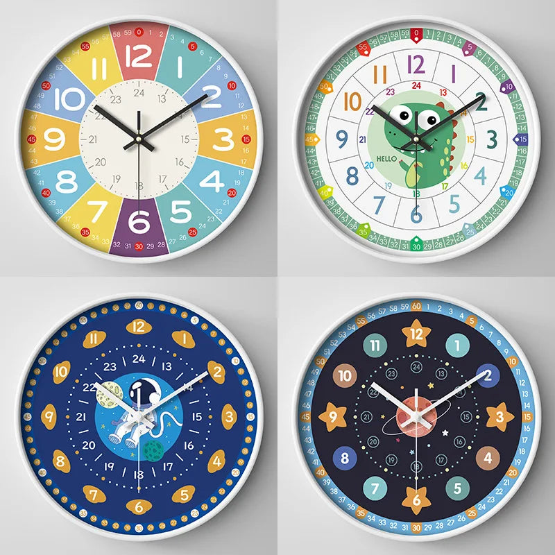 Four images of colorful analog teaching clocks showing different time displays and designs.