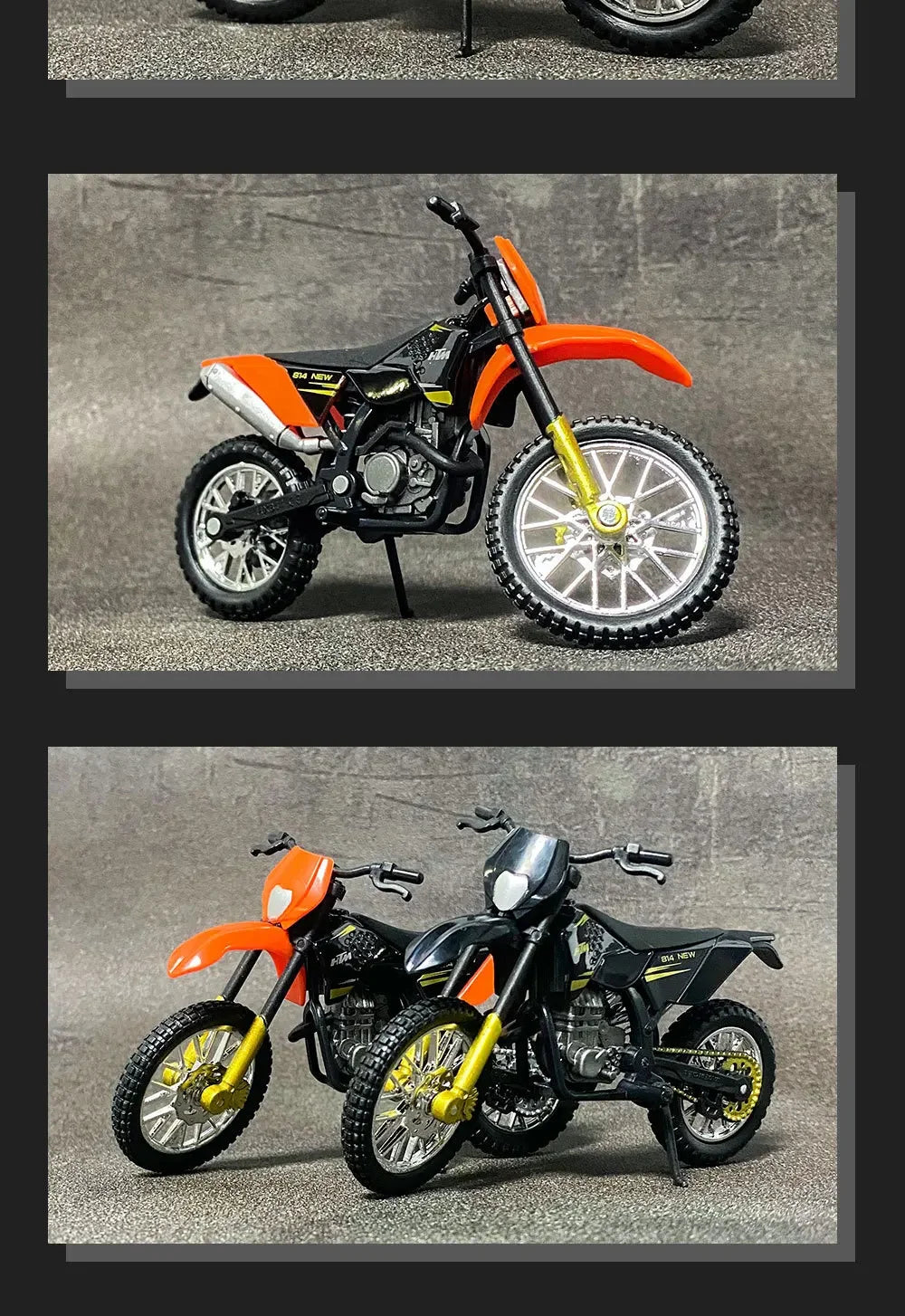 A diecast model of a KTM 450 SX-F motorcycle in black and orange colors.