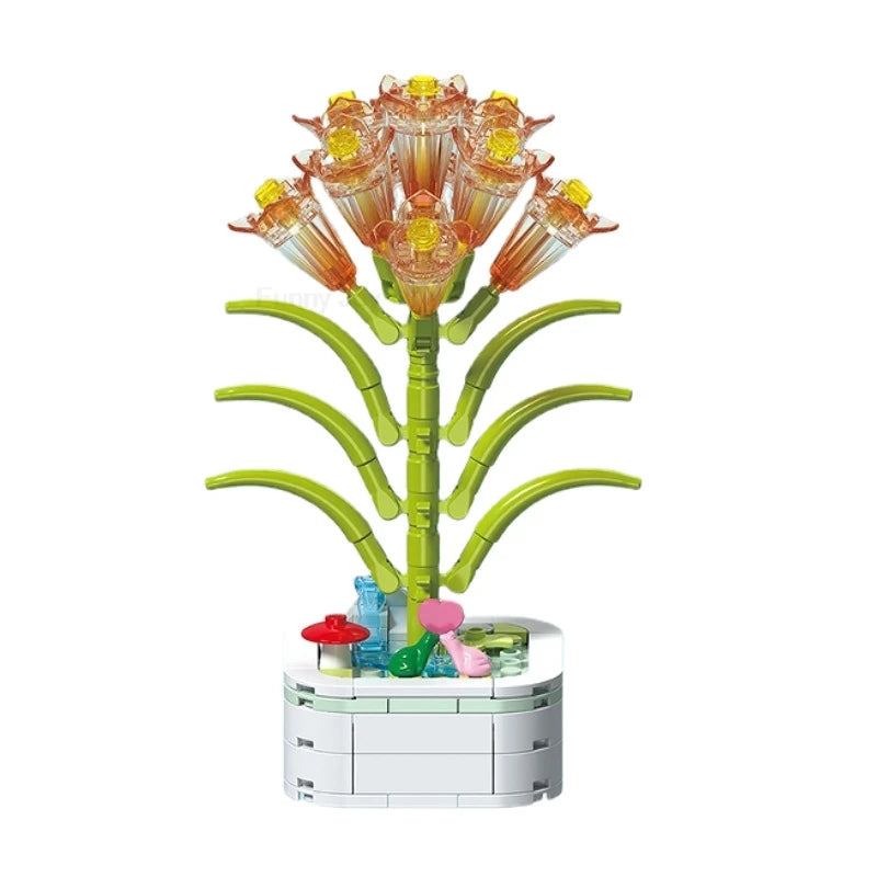A bouquet set of rose flower building blocks with green stems and orange-yellow blossoms.