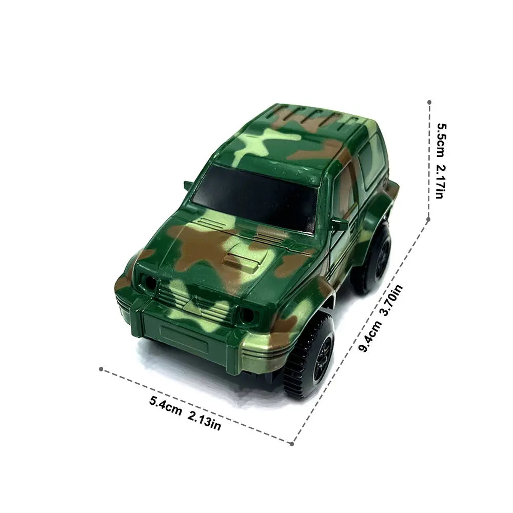 A green and brown camouflage race track car toy set with glowing LED features.