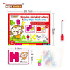 A set of wooden alphabet letters and dry wipe flashcards for learning, including letters A through M.