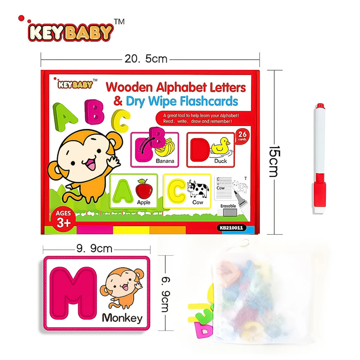 A set of wooden alphabet letters and dry wipe flashcards for learning, including letters A through M.