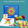 A box of a 155-piece creative shape puzzle with wooden blocks and design cards displayed on a white surface.