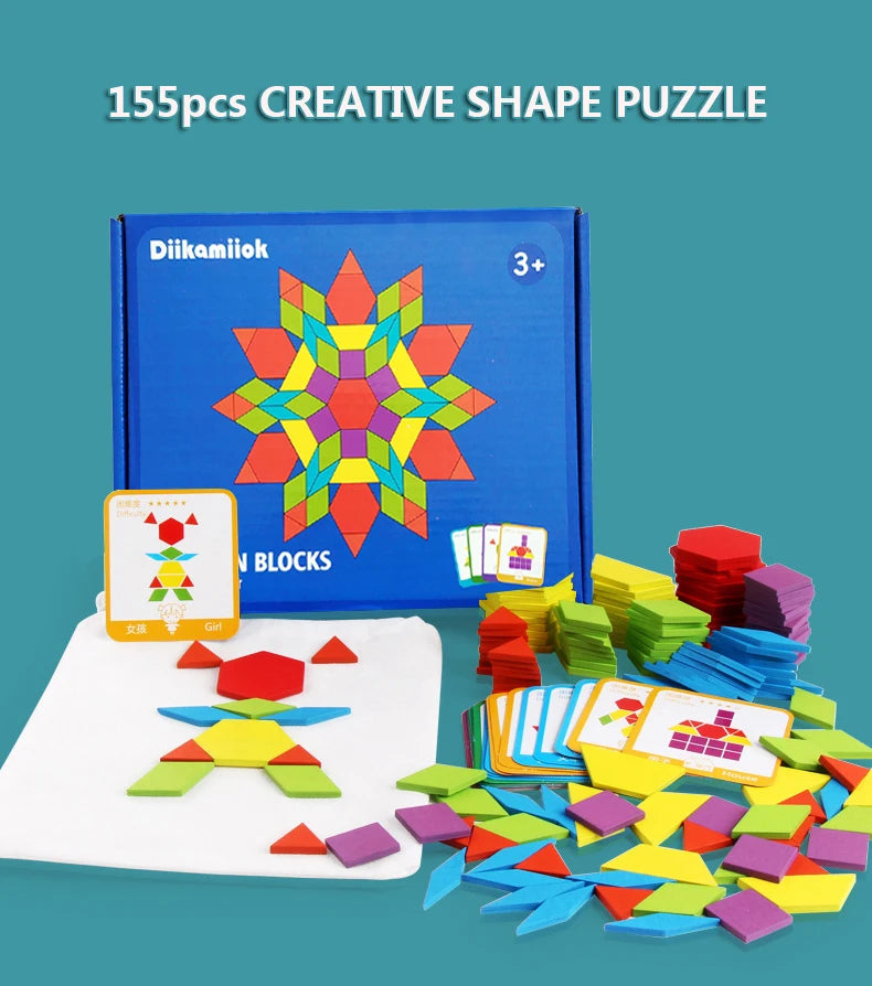 A box of a 155-piece creative shape puzzle with wooden blocks and design cards displayed on a white surface.