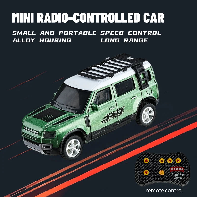 A green mini radio-controlled car with a black roof is shown on a dark background next to its remote control.