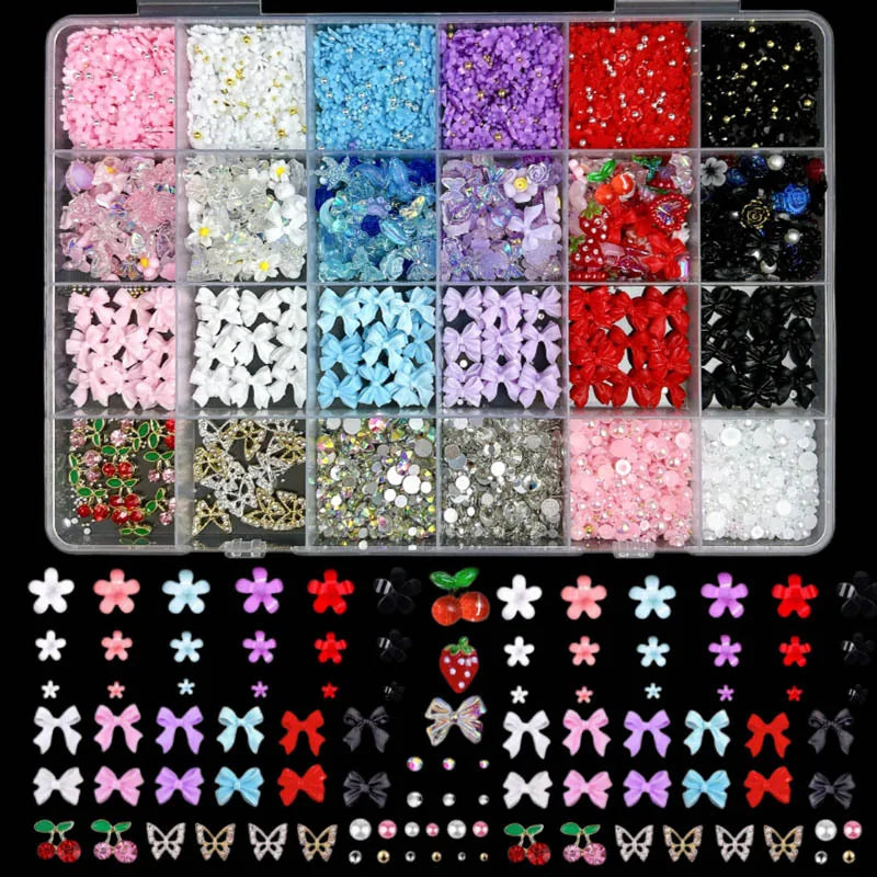 A collection of DIY nail art charms including bows, flowers, fruits, and butterflies in various colors and materials.