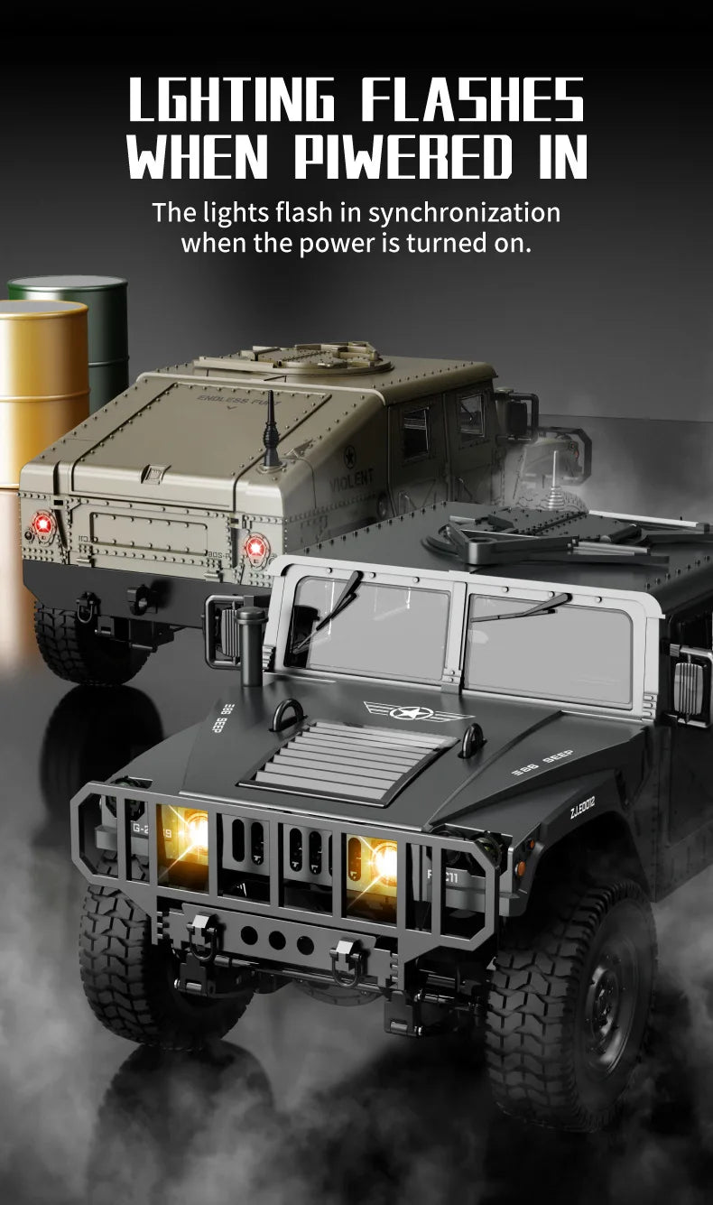 A dark military-style RC off-road climbing vehicle with flashing lights in synchronization.