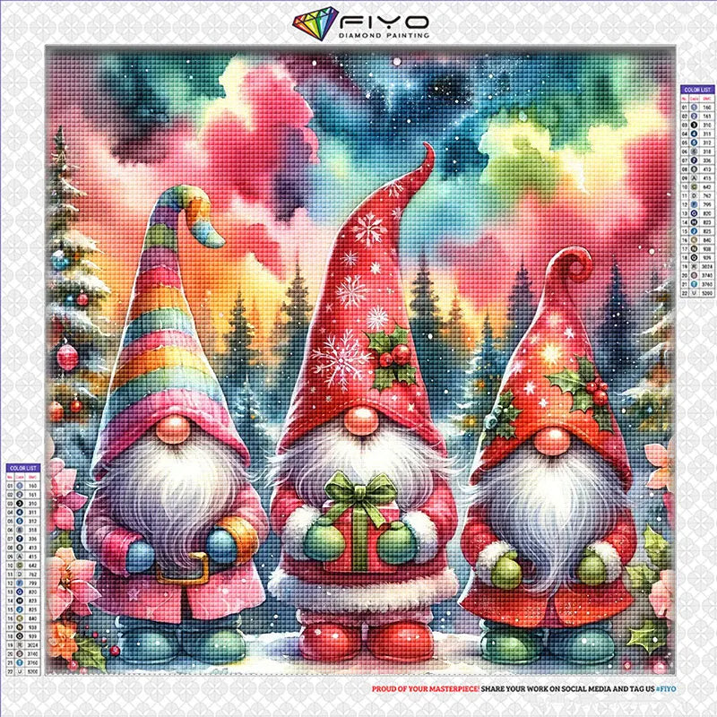Diamond painting kit featuring three festive Christmas gnome mosaics in vibrant colors and textures.