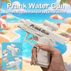 A hand holds a white prank water gun, demonstrating its two-way spray function against a bright beach background.