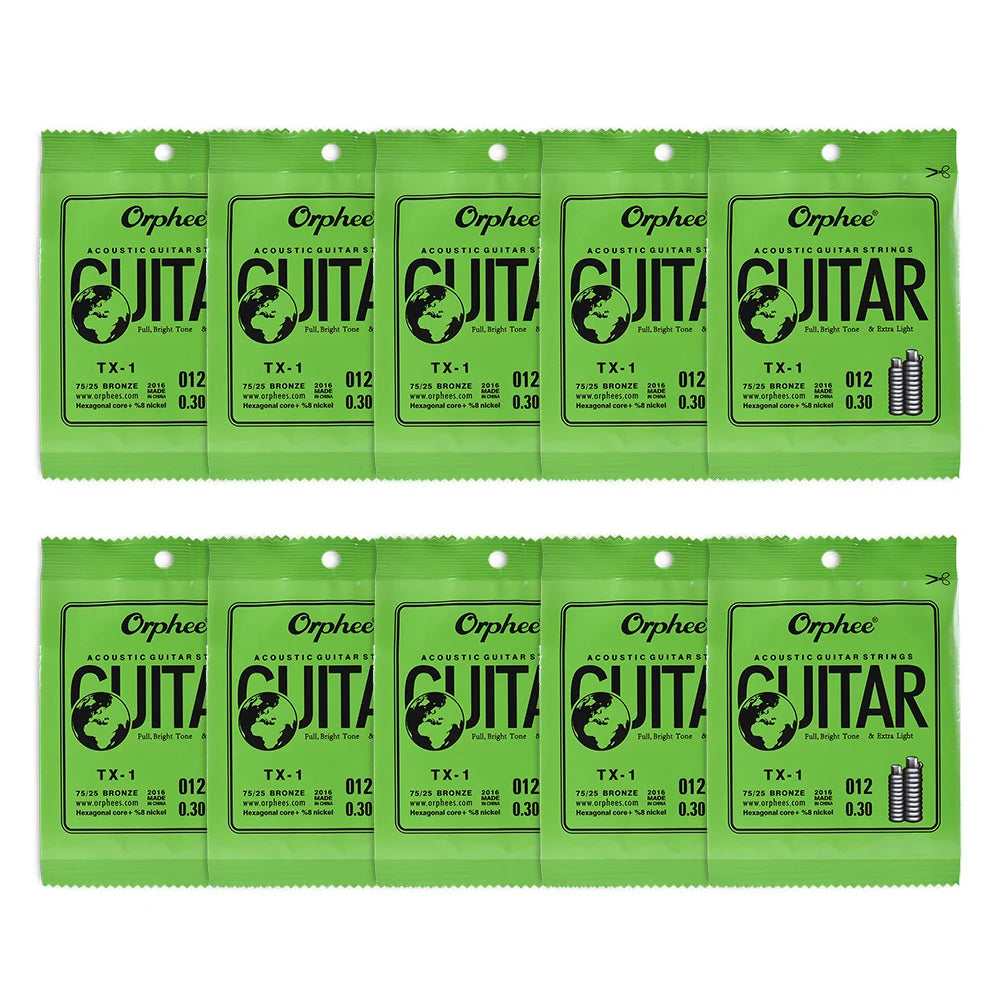 A pack of 10 phosphor bronze acoustic guitar replacement strings in green packaging.