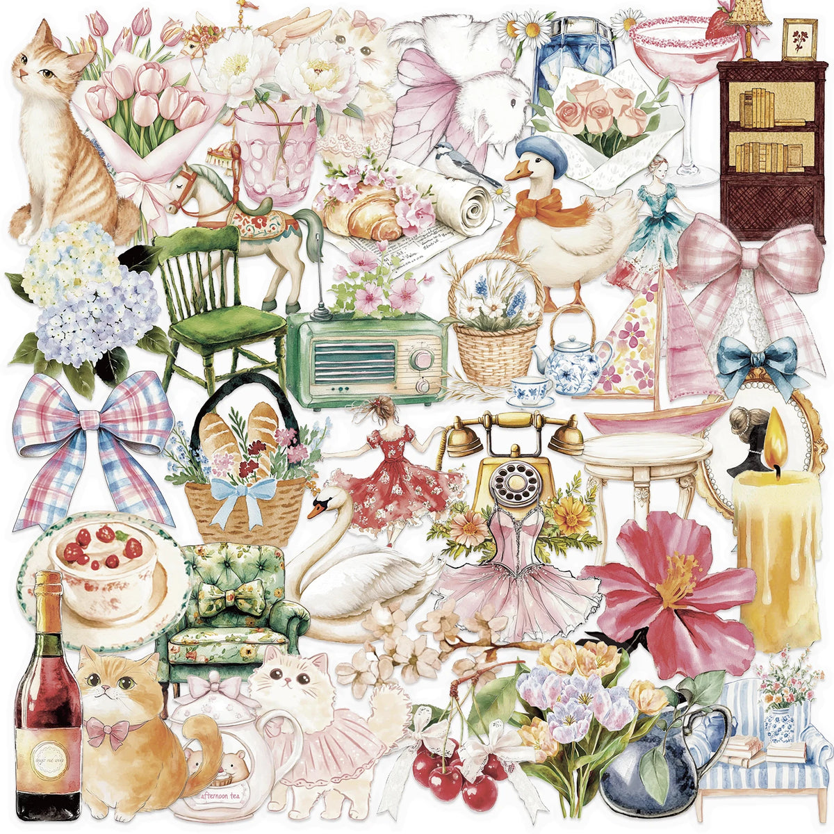 A collection of watercolor illustrations featuring cats, birds, flowers, and various craft elements.