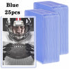 A pack of 25 blue PVC trading card sleeves is shown next to a photo of a football helmet and an American football.