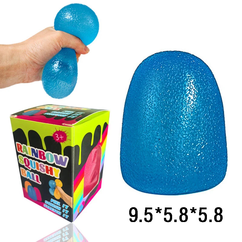 A hand is squeezing a bright blue squishy ball, demonstrating the size and texture of the stress relief toy.