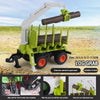 A green toy tractor with a trailer is shown, featuring a log grab arm for hauling wood.
