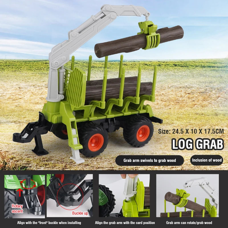 A green toy tractor with a trailer is shown, featuring a log grab arm for hauling wood.