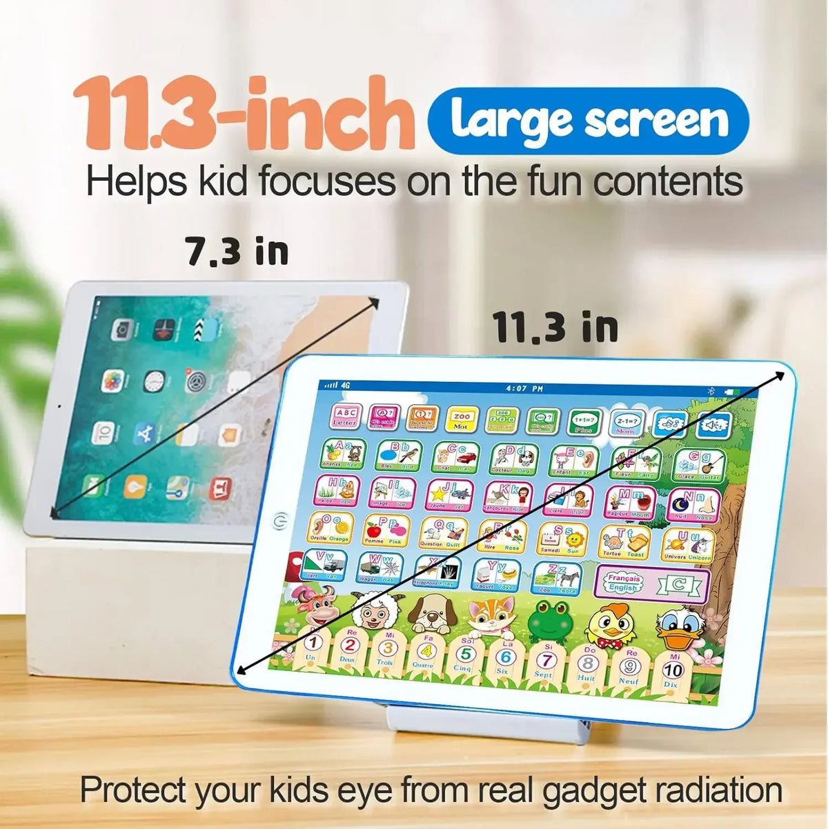 A 11.3-inch tablet is shown next to a 7.3-inch tablet, illustrating its large screen size for kids.
