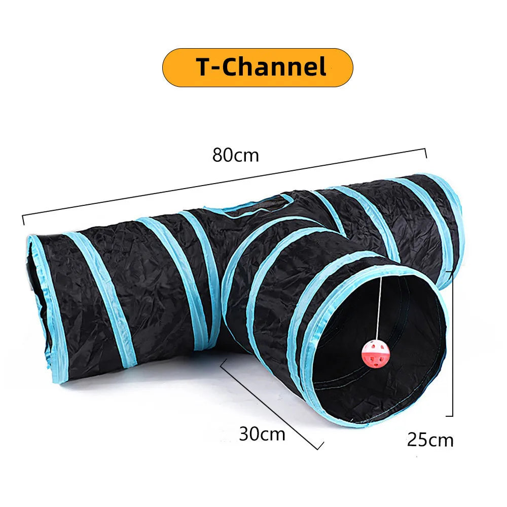 Black and blue T-channel fabric tunnel with a hanging ball toy