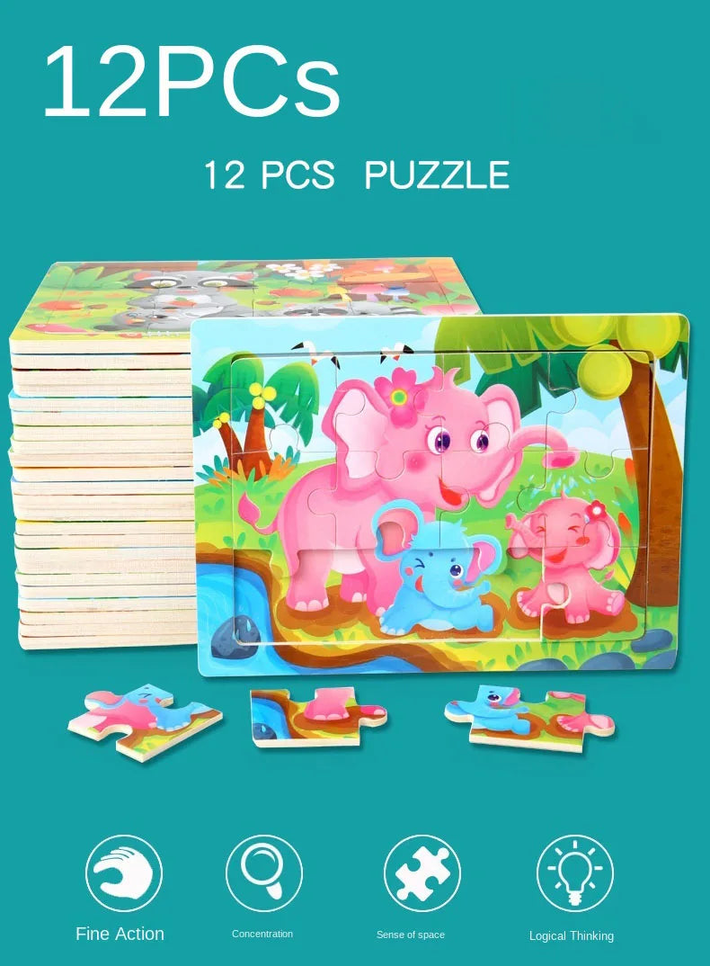 Wooden Animal Jigsaw Puzzles for Toddlers (Set of 12)