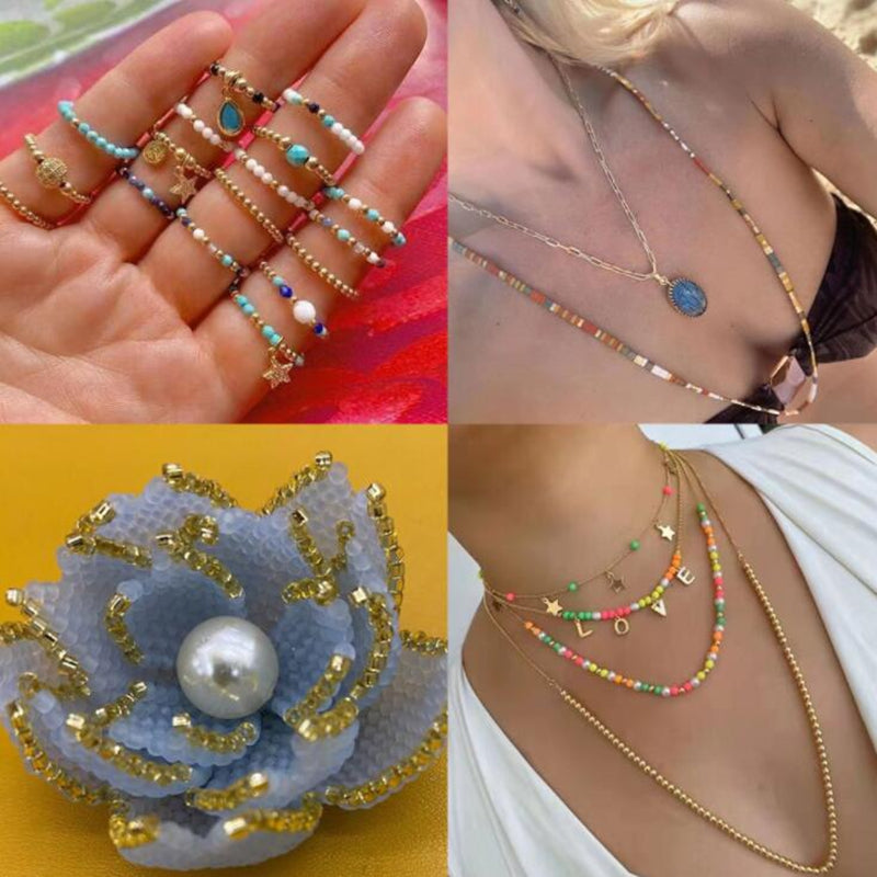 A collection of colorful glass rice beads and gold wire jewelry components for DIY crafting projects.