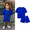 A royal blue kids' summer tracksuit set featuring a short sleeve top and matching shorts.