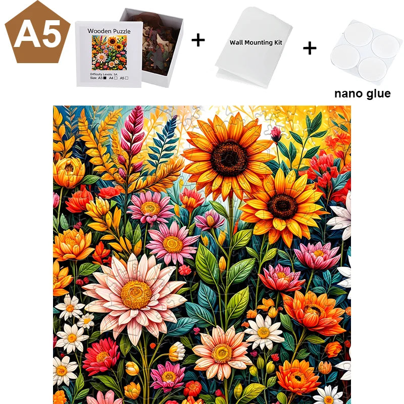A set of wooden jigsaw puzzles, a wall mounting kit, and nano glue are shown alongside a colorful floral artwork.