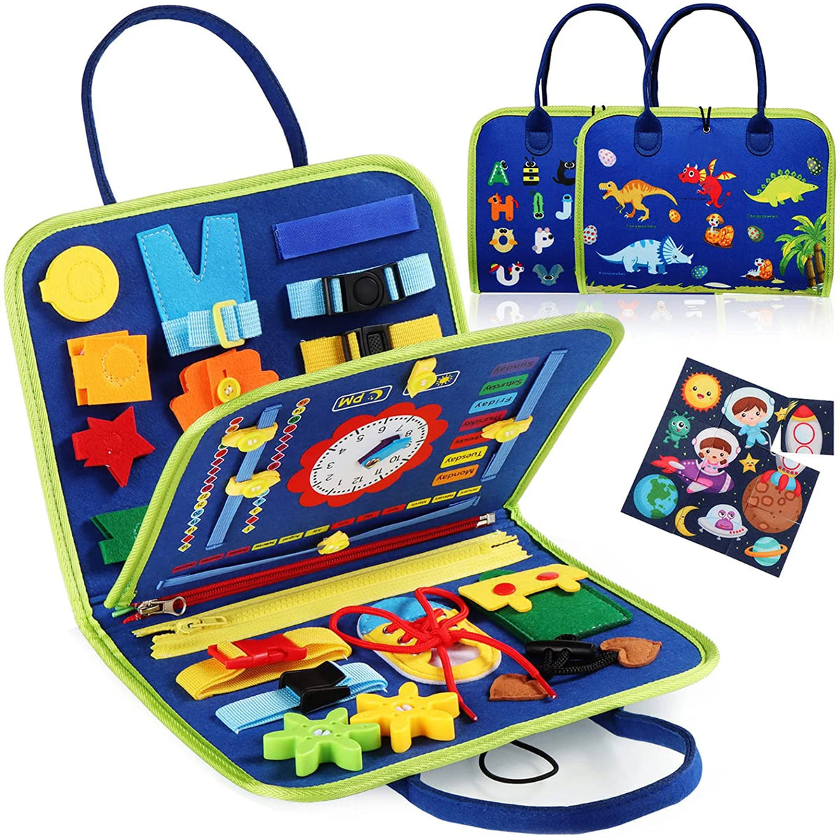 A colorful Montessori busy board for toddlers featuring various sensory and fine motor skills activities.