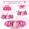 A pink portable cosmetic case with various makeup items packed inside for easy storage.