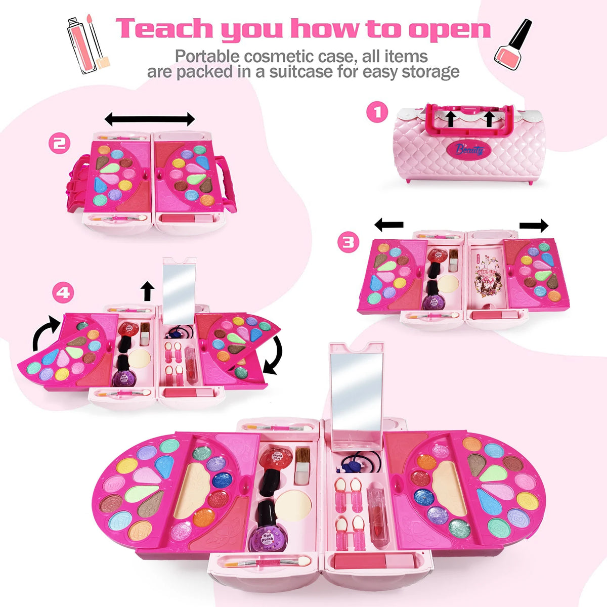 A pink portable cosmetic case with various makeup items packed inside for easy storage.