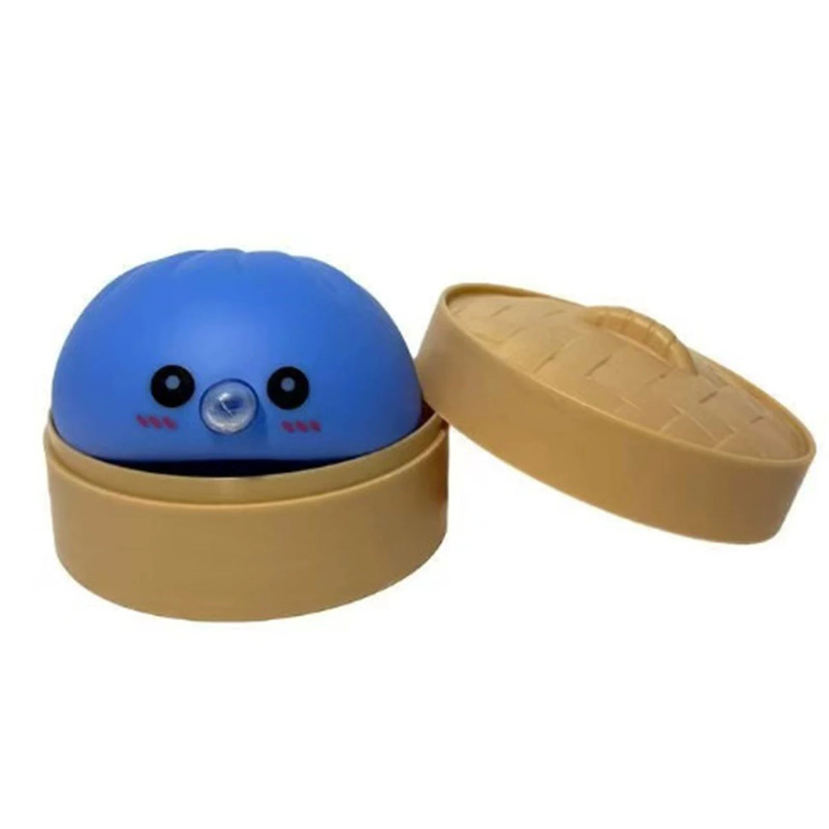 A blue bubble-spitting dumpling squishy stress relief toy with a tan lid.