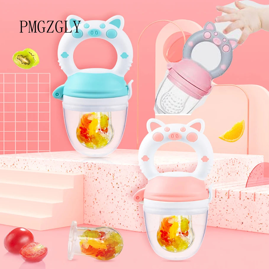 A silicone baby food feeder with a teether is shown in pink and white, featuring a silicone grip for infants.