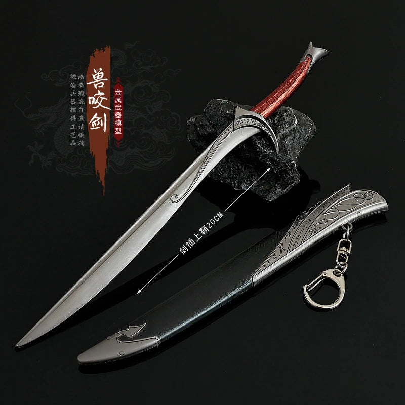 A replica Orcrist sword model featuring a silver blade and red hilt, displayed next to its scabbard.