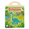 A colorful dinosaur sticker book featuring various dinosaurs in a lush green jungle setting.