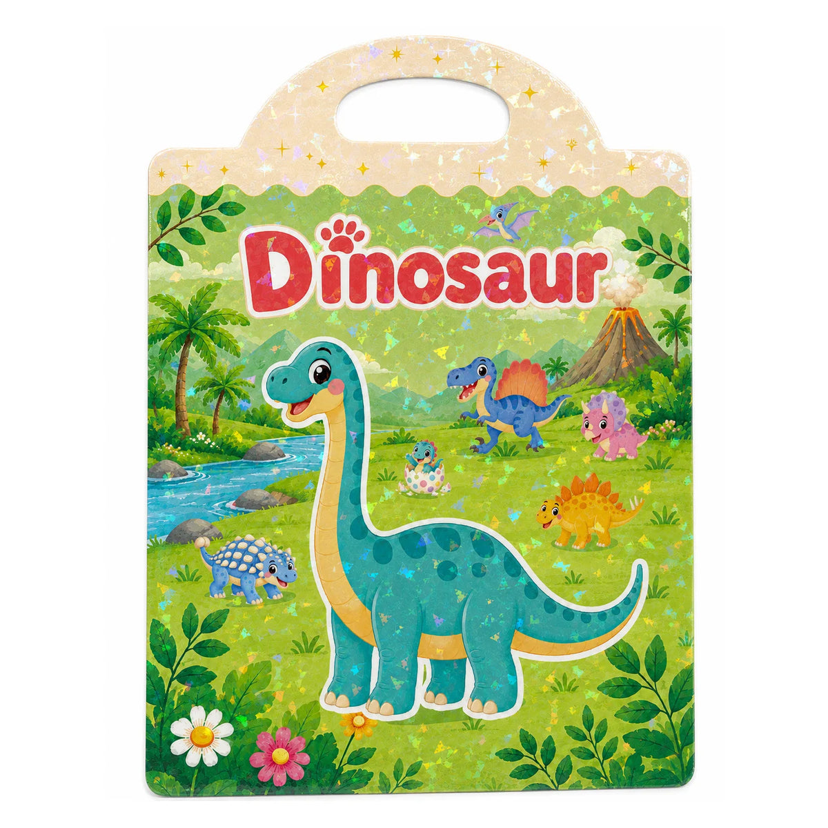 A colorful dinosaur sticker book featuring various dinosaurs in a lush green jungle setting.