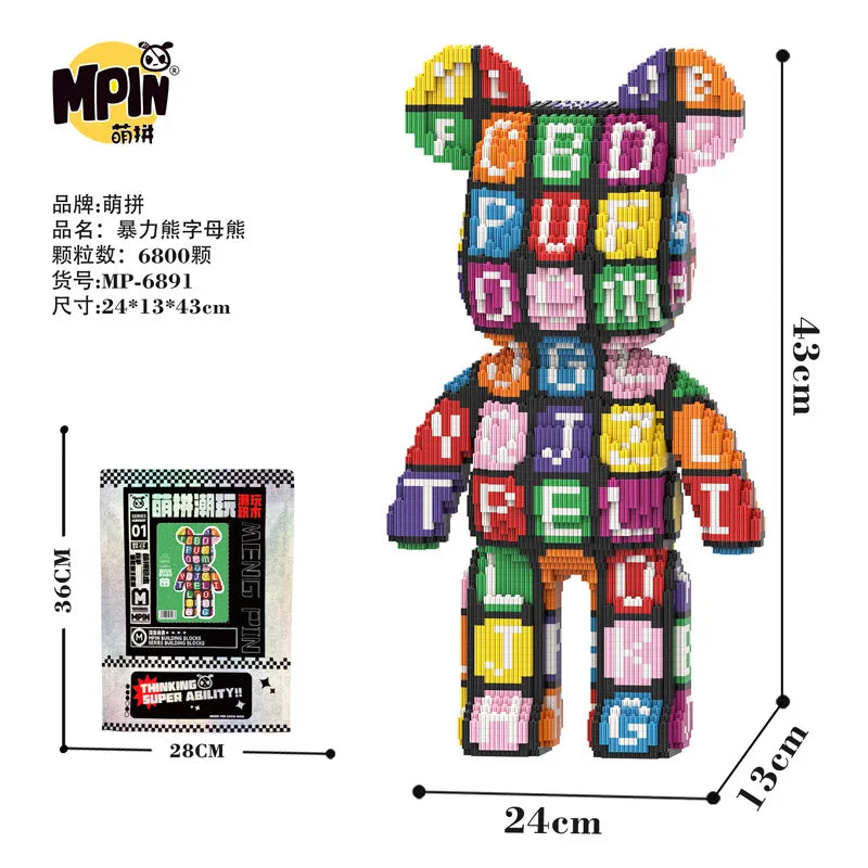 A colorful bear-shaped micro building block kit featuring various letters and numbers.