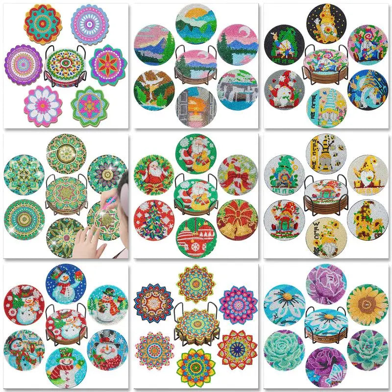 A collection of colorful mandala flower coasters and decorative items for diamond painting.