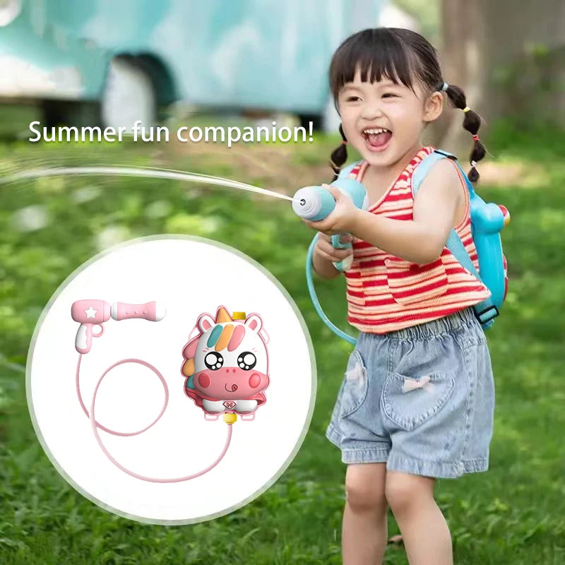 A young girl is playing with an animal backpack water gun toy outdoors.