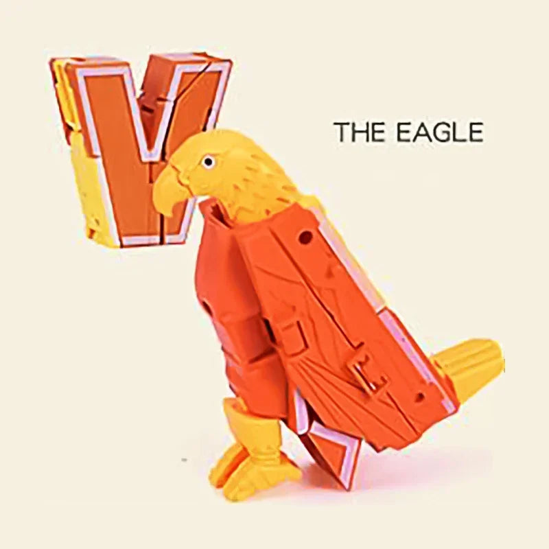 An orange alphabet letter V shaped robot toy figure with a yellow head and body.