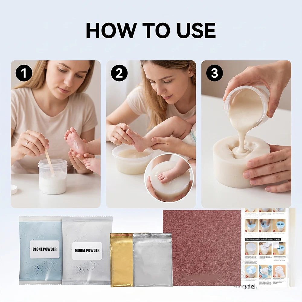 A set of 3D hand casting materials including silicone powder and resin for creating baby footprints and couple keepsakes.